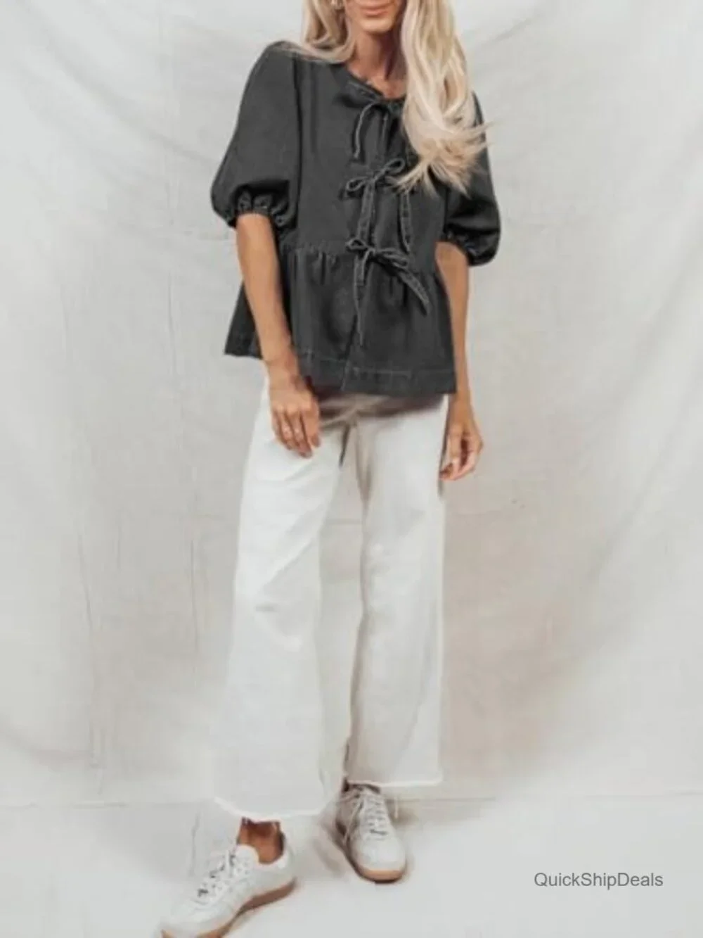 Denim Tie Front Babydoll Blouse with Puff Sleeves Peplum Top